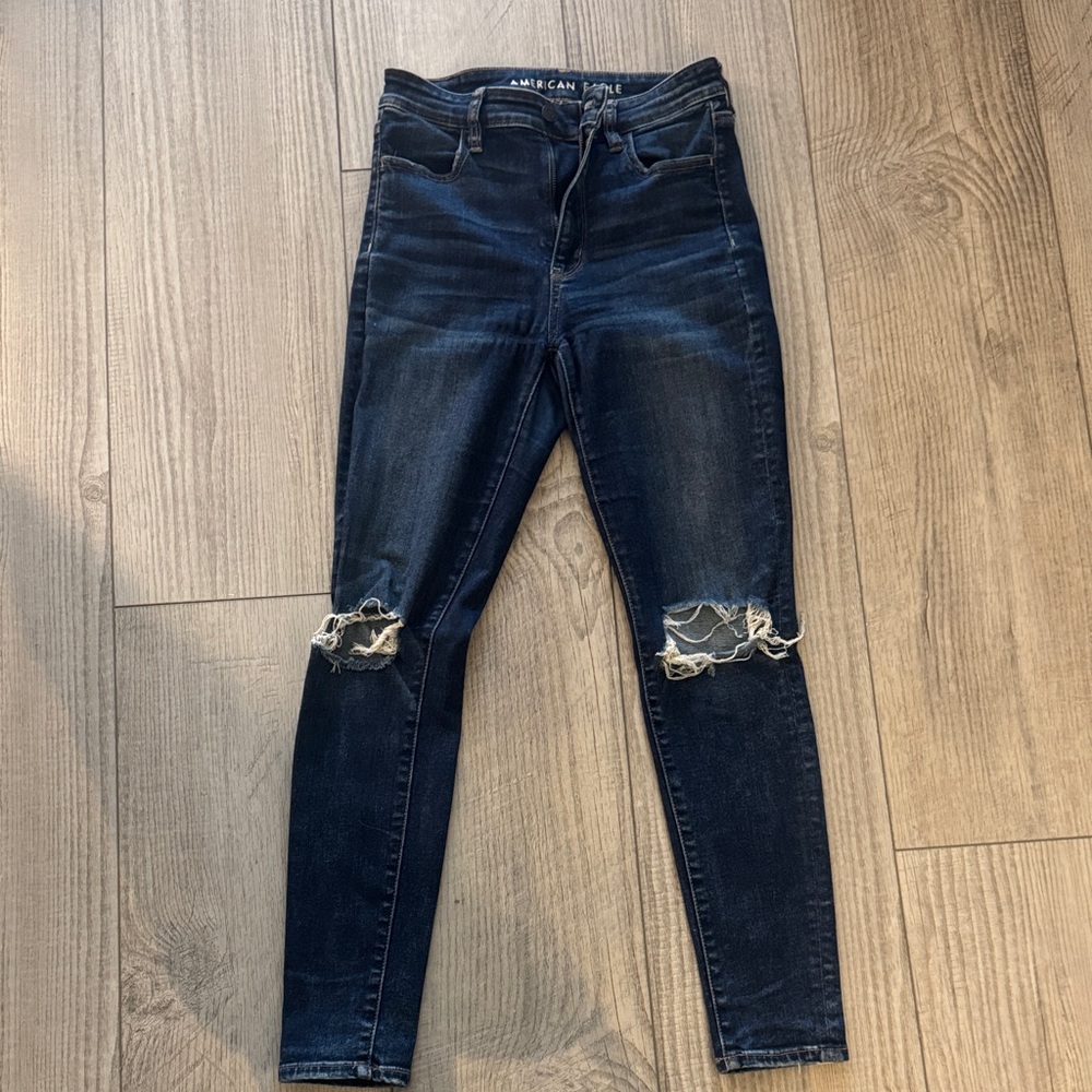 American Eagle Outfitters Women's Dark Blue Distressed Skinny Jeans